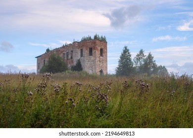 The ruins of an old abandoned church. A large ruined old building of an Orthodox church on top of a hill. Trinity Church (1792), Demyanovsky Pogost village, Vologda region, Russia.