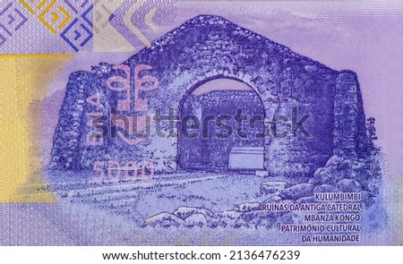 Ruins of the old Kulumbimbi cathedral Mbanza Kongo, Portrait from Angola 5000 Kwanzas 2020 Banknotes. 