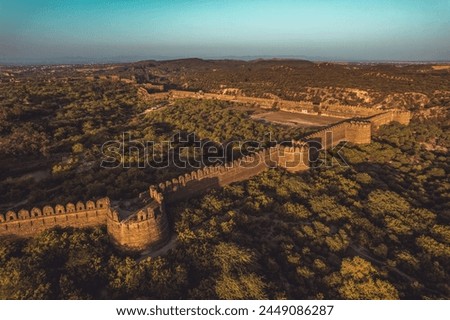 ruins of old vintage fortification, defense wall of medieval castle, aerial view of Rohtas fort Pakistan, UNESCO world heritage site, historical monument of Indian heritage