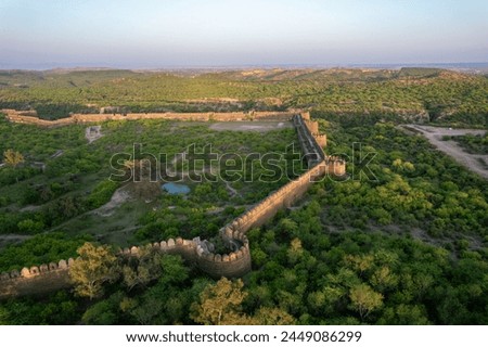 ruins of old vintage fortification, defense wall of medieval castle, aerial view of Rohtas fort Pakistan, UNESCO world heritage site, historical monument of Indian heritage
