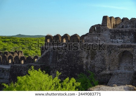 ruins of old vintage medieval castle walls, ancient stone and brick walls of Rohtas fort Pakistan, a UNESCO world heritage site