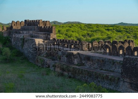 ruins of old vintage medieval castle walls, ancient stone and brick walls of Rohtas fort Pakistan, a UNESCO world heritage site