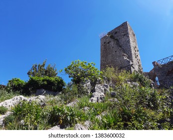 ruins in Olevano Romano, against the background of a blue day - Shutterstock ID 1383600032