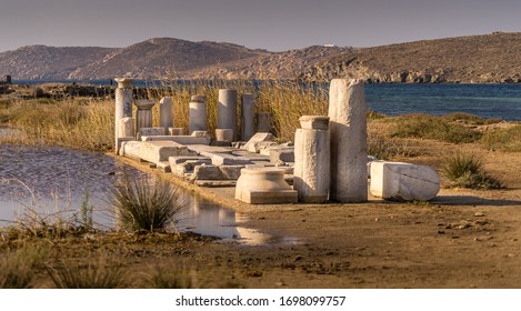 Ruins On The Island Of Delos, Archaeological Site Near Mykonos In The Aegean Sea
