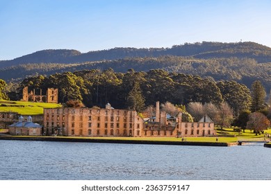 The ruins on the Port Arthur Historic Site surrounded by greenery in Tasmania, Australia