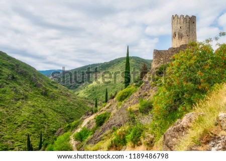 Ruins of one of four medieval cathar castles Lastours in the mountain valley of Pyrenees, France