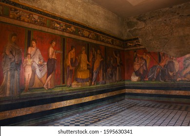 Ruins Of Pompeii, Italy. Decoration Detail. Fresco Painting On The Wall Of Villa Of The Mysteries. 