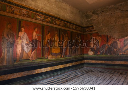 Ruins of Pompeii, Italy. Decoration detail. Fresco painting on the wall of Villa of the Mysteries. 