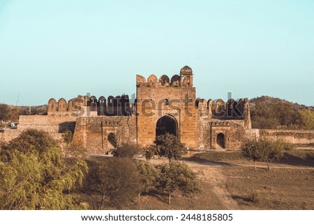 Ruins of Rohtas fort Jhelum Punjab Pakistan, the central monument Shah Chandwali gate made of bricks and stones which shows ancient Indian and Mughal history, heritage and vintage architecture