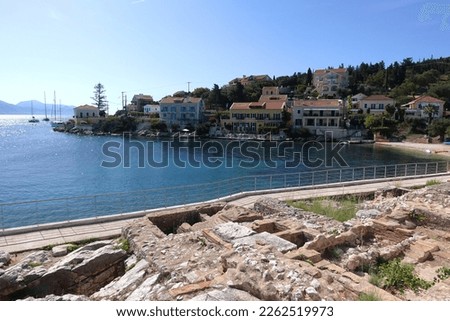 Ruins of Roman Cemetery in small picturesque village of Fiskardo, Kefalonia island, Ionian, Greece