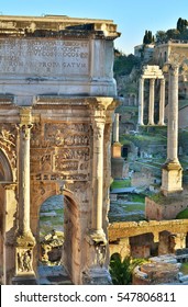 The Ruins Of The Roman Forum In Rome At Sunset.