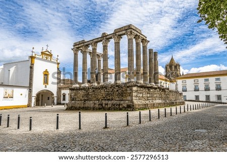 Ruins of the Roman Temple in Evora, Alentejo, Portugal. Temple of Diana, one of the best preserved roman temples in the Iberian Peninsula and a UNESCO World Heritage site