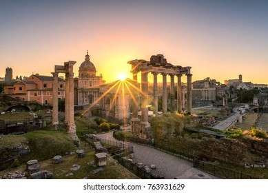 Ruins Of Roman's Forum At Sunrise, Ancient Government Buildings , Temple And Shrine Of Roman Empire