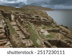 RUINS SUN ISLAND, TITICACA LAKE, BOLIVIA - January 10 2015: Inca ruins on the south side of Isla del Sol on Lake Titicaca