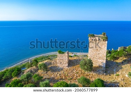 Ruins of the Temple of the Great Gods and medieval towers at Paleopolis in Samothraki island,Greece.