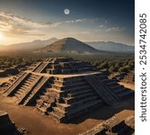 The ruins of Teotihuacan in Mexico, with its massive pyramids of the Sun and Moon.