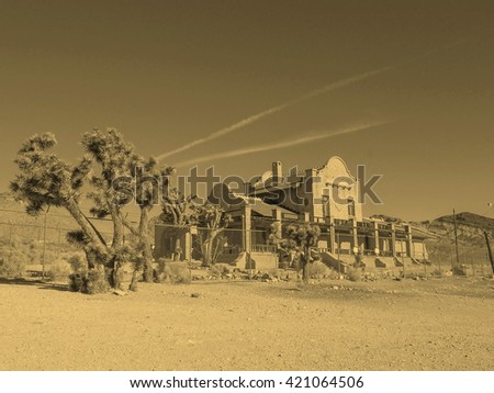 Ruins of the train station in the ghost town of Rhyolite in Death Valley Nevada USA - vintage sepia look