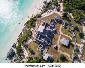 Ruins Of Tulum, Mexico Overlooking The Caribbean Sea In The Riviera Maya Aerial View. Tulum Beach Quintana Roo Mexico - Drone Shot. White Sand Beach And Ruins Of Tulum.