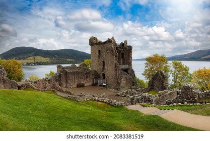 The Ruins Of The Urquhart Castle At Loch Ness During Autumn Time, Scotland, Without People