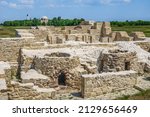 Ruins of the White Chamber, a monument of Volga Bulgaria Khanate. Other monuments are visible in the distance. Shot in Bolgar, Russia