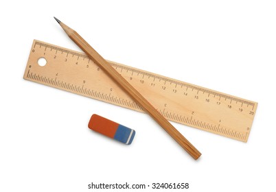 Ruler, pencil and eraser isolated on white - Powered by Shutterstock