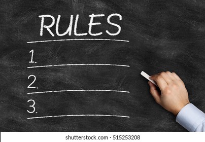 Rules List written on the blackboard with hand holding white chalk - Shutterstock ID 515253208