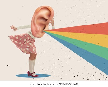 Rumors, gossip, fakes and secrets. Woman's body in retro style outfit headed with huge ear. Contemporary art collage, design. Inspiration, ideas. Surrealism, cubism, art and creativity concept