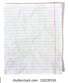 Rumpled Lined Sheet Of Paper Isolated On White Background