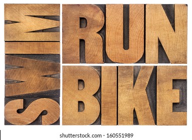 run, bike, swim - triathlon concept - isolated word abstract in vintage letterpress wood type