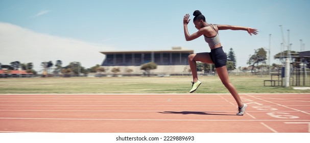 Run, black woman and running on track for marathon, fitness and workout for wellness, health and practice. Female athlete, healthy girl and runner for game, sprint or exercise for training or balance - Powered by Shutterstock