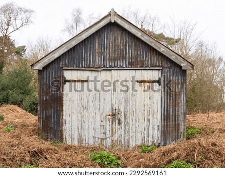 Run down garage building 
shed made of rusty corrugated panels, with old white wooden doors, surrounded with overgrown vegetation. Suffolk. UK