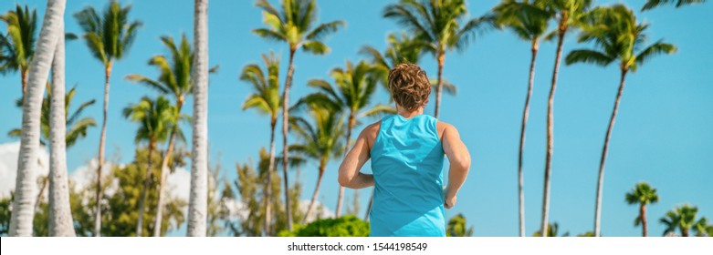 Run Fit Man Training Cardio Jogging Outside On Palm Trees Tropical Summer Background Panoramic Banner. Runner Male Athlete Running Outdoor.