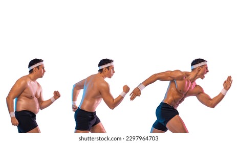 Run. Never give up. Fat man jogging to slim shape isolated on white background. Guy running to lose weight and become a athlete. Before and After Weight Loss fitness Transformation. Fat to fit concept