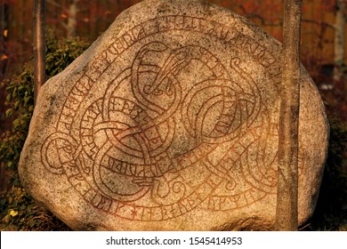 Rune Stone With Carved Viking Runes In Trelleborg Sweden
