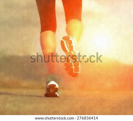 Runner athlete feet running on road under sunlight. Aquarelle art effect.