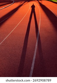 A runner casting her shadow in the evening sun between the white lane lines on the athletics track.