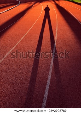 A runner casting her shadow in the evening sun between the white lane lines on the athletics track.