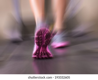 Runner Feet Running In Fitness Room Closeup On Shoe. Woman Fitness 