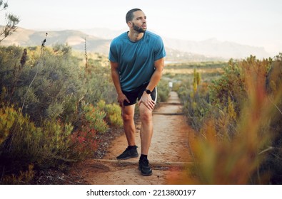 Runner, Fitness And Tired Man On Nature Park Trail For Training, Exercise And Cardio Health For A Summer Marathon. Sport, Male Athlete And Hiking Workout While Resting And Taking Break To Breathe