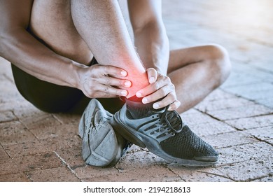 Runner With Medical Sports Running Injury And Swollen Ankle Pain. Male Athlete Treating Foot Sprain, Man With Fitness Training Emergency And Sore Leg Muscle From Cardio Workout With Exercise Shoes.