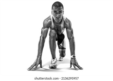 Runner On The Start. Black And White Image Isolated On White.