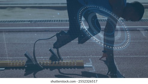 Runner on track with digital data processing image overlaid. Athlete, running, fitness, technology, analysis, motion - Powered by Shutterstock