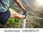 Runner, person and outside or stretching leg, warmup and cardio exercise preparation for muscle in sports training. Wellness, workout and outdoor for challenge marathon, sneakers and active routine