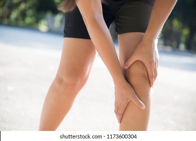 Runner sport knee injury. Woman in knee pain while running in the garden. - Shutterstock ID 1173600304