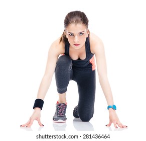 Runner Sporty Woman In Start Position Isolated On A White Background