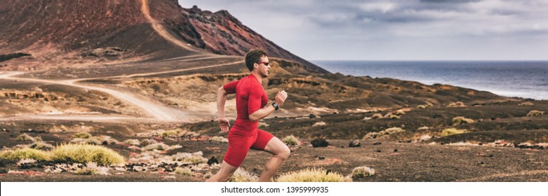 Runner trail running athlete man training cardio in landscape banner background. Sport outdoor in nature. Ultra run race. - Shutterstock ID 1395999935
