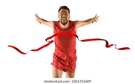 The runner wins by crossing the finish line ribbon on a white background. Sport and fitness motivation