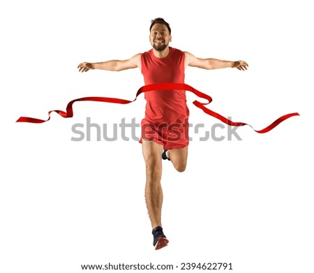 The runner wins by crossing the finish line ribbon on a white background. Sport and fitness motivation