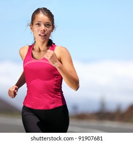 Runner - Woman Running Outdoors Training For Marathon Run. Beautiful Fit Asian Fitness Model In Her 20s.