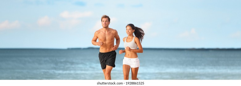 Runners athletes couple running working out exercising cardio outdoor on summer beach doing hiit interval training with friends. Panoramic banner.